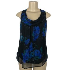 New York & Company Dark Floral Print Tank Top Ruffle Shirt Size L Whimsigoth